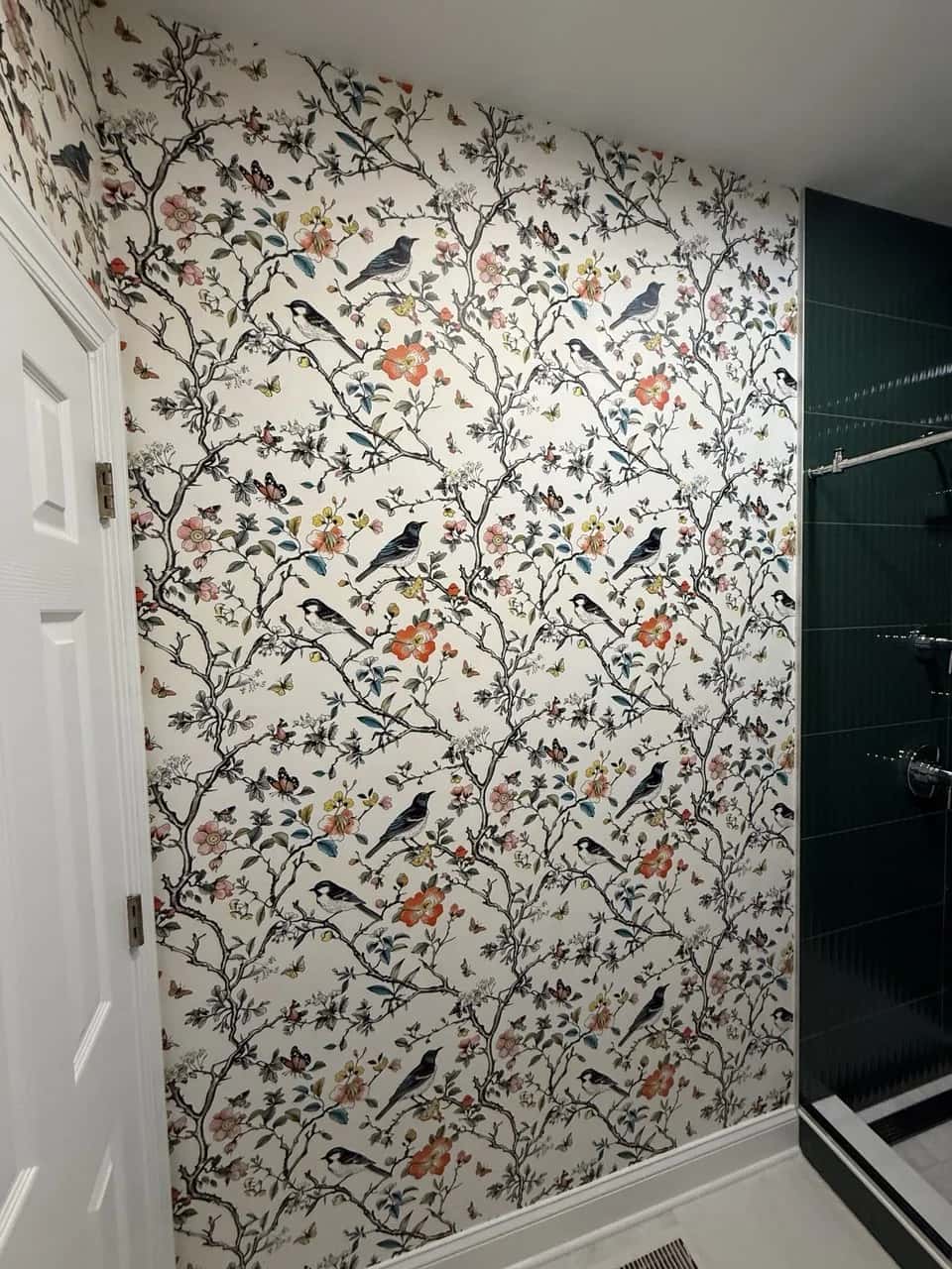 Bird and branch pattern in a powder room